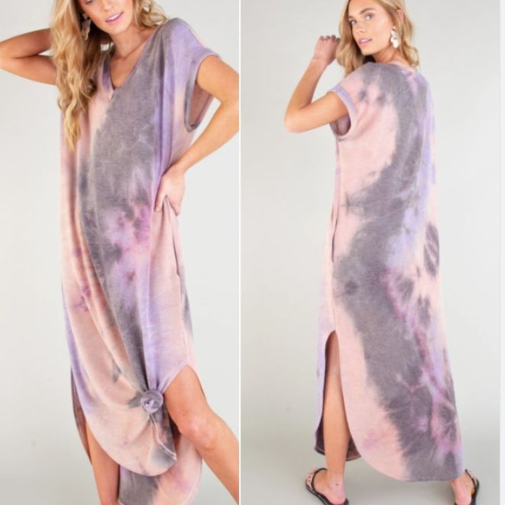 Multi print short sleeves v-neckline maxi dress